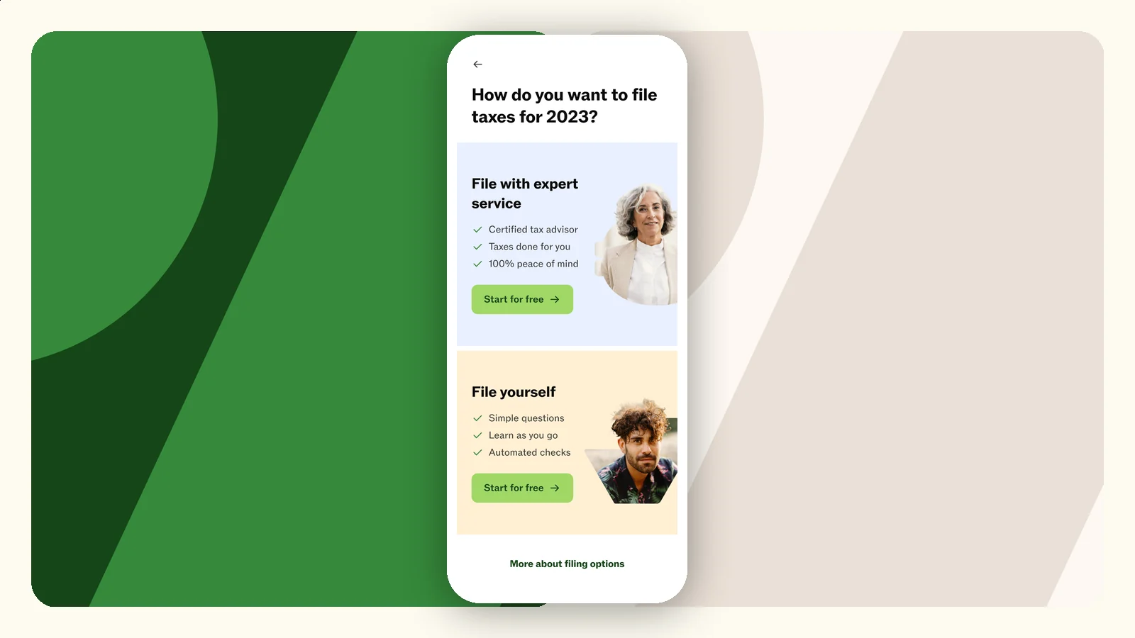 Taxfix product choice screen between expert service and filing yourself